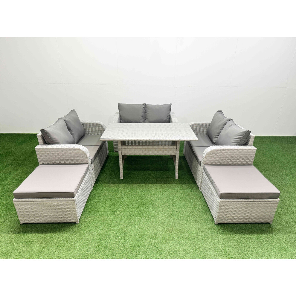 Fimous  8 Seater PE Wicker Rattan Furniture Sofa Sets with Rectangular Dining Table 2 Seater Love Sofa 2 Big Footstool Light Grey