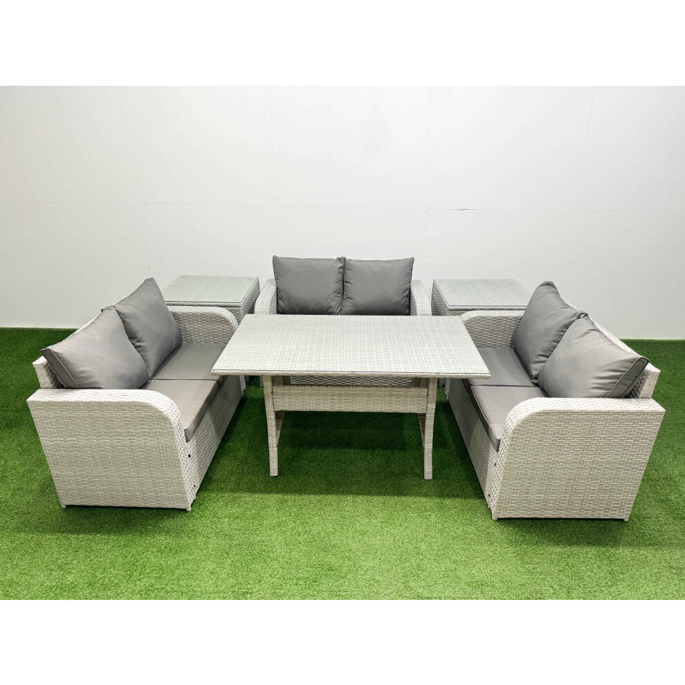 Fimous  6 Seater PE Wicker Rattan Furniture Sofa Sets with Rectangular Dining Table 2 Seater Love Sofa 2 Side Table Light Grey