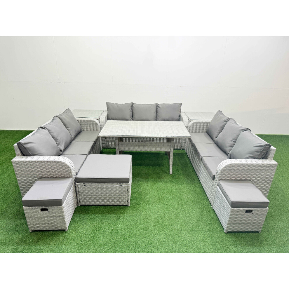 Fimous PE Rattan Lounge Sofa Set 12 Seater Outdoor Garden Furniture Set with Rectangular Dining Table 3 Stools 2 Side Table Light Grey