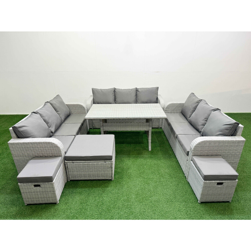 Fimous PE Rattan Lounge Sofa Set 12 Seater Outdoor Garden Furniture Set with Rectangular Dining Table 3 Stools Light Grey