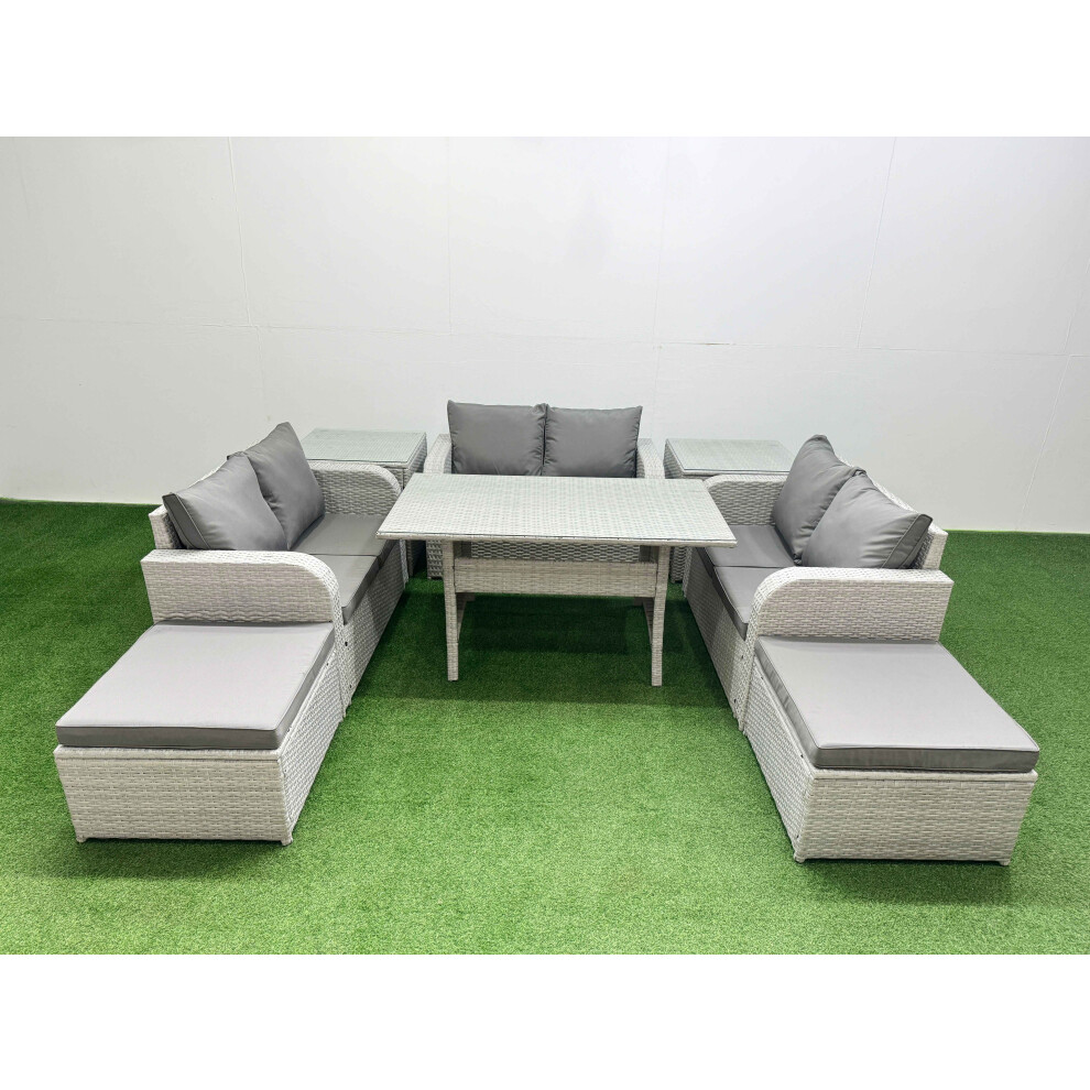 Fimous  8 Seater PE Wicker Rattan Furniture Sofa Sets with Rectangular Dining Table 2 Seater Love Sofa 2 Big Footstool 2 Side Table Light Grey