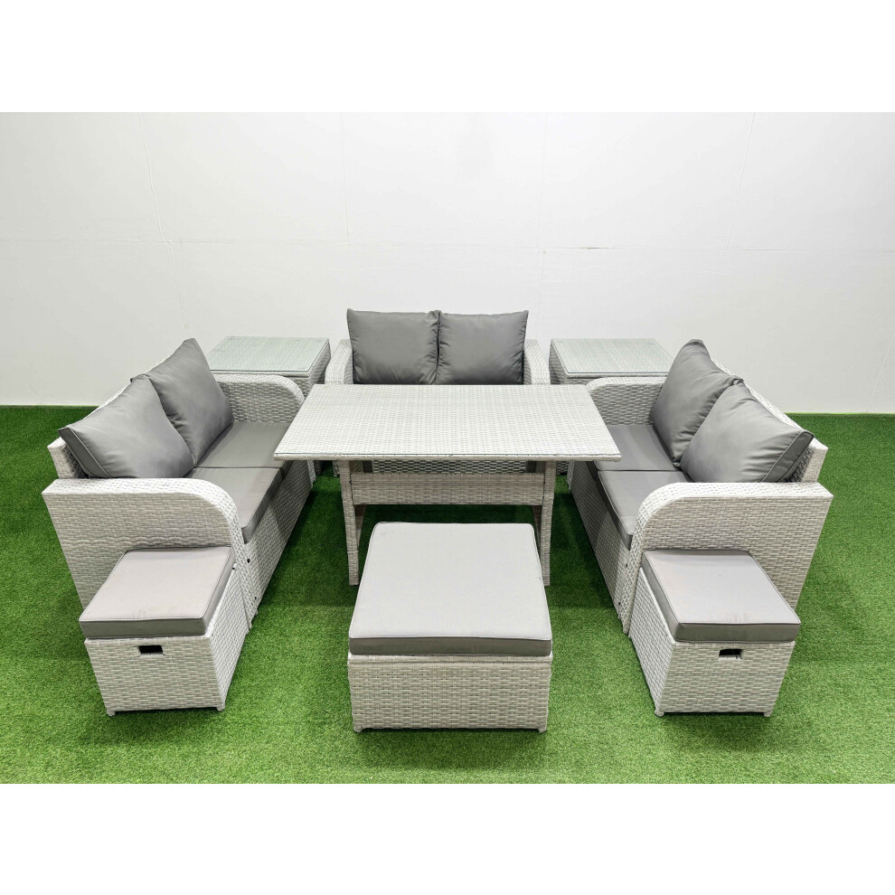 Fimous  9 Seater PE Wicker Rattan Furniture Sofa Sets with Rectangular Dining Table 2 Seater Love Sofa 3 Stool 2 Side Table Light Grey