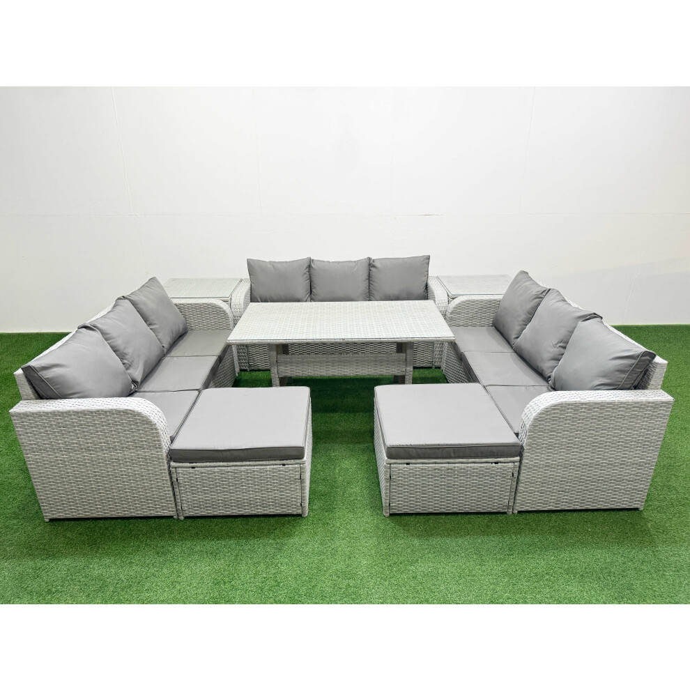 Fimous PE Rattan Lounge Sofa Set 11 Seater Outdoor Garden Furniture Set with Rectangular Dining Table 2 Big Footstools 2 Side Table Light Grey