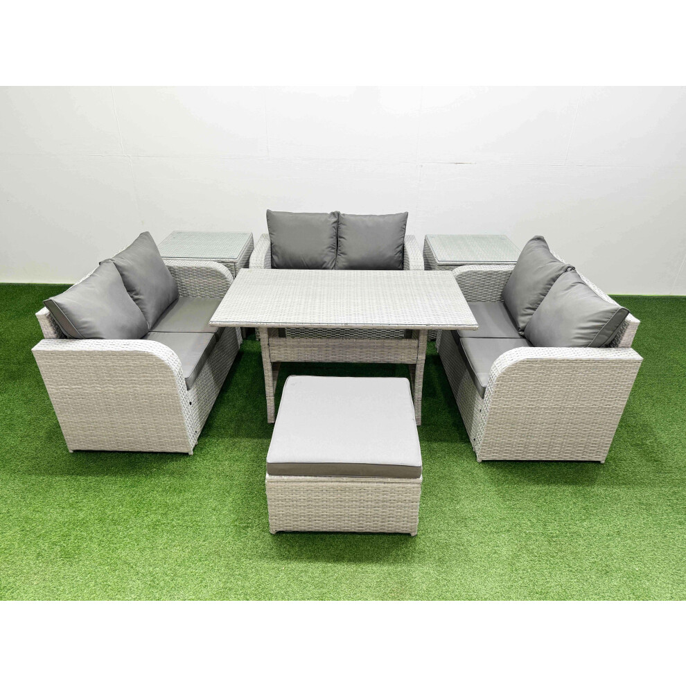 Fimous  7 Seater PE Wicker Rattan Furniture Sofa Sets with Rectangular Dining Table 2 Seater Love Sofa Big Footstool 2 Side Table Light Grey