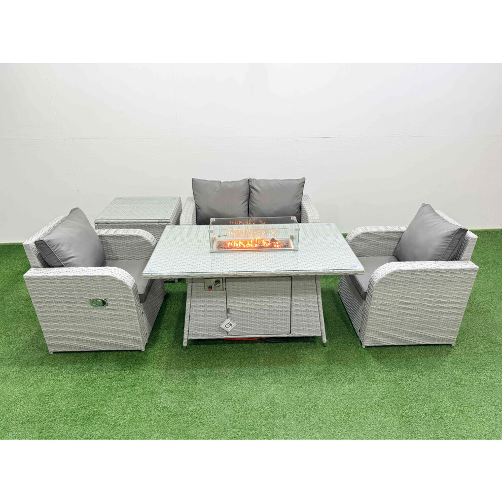 Fimous Light Grey Pe Wicker Rattan Garden Furniture Set Sofa Set Reclining Chair Firepit Dining Table 4 Seater With Side Table