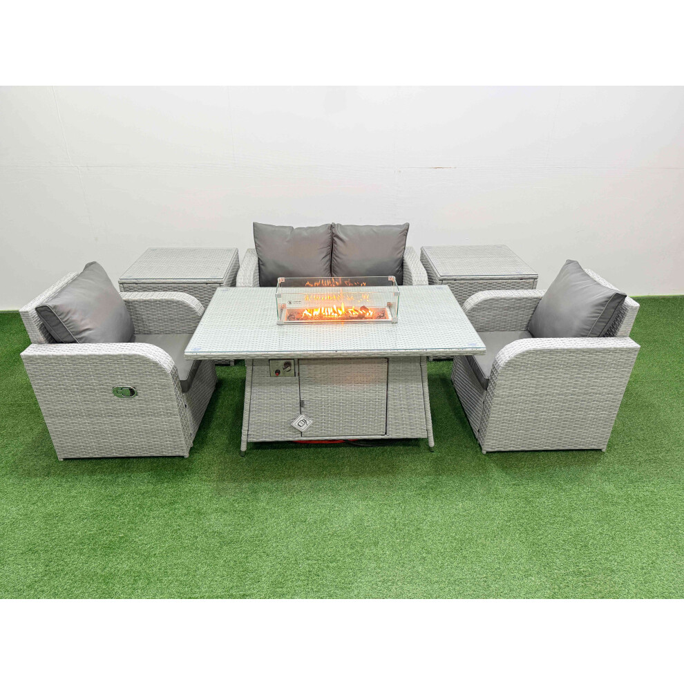 Fimous Light Grey PE Wicker Rattan Garden Furniture Set Sofa Set Reclining Chair Firepit Dining Table 4 Seater With 2 Side Table