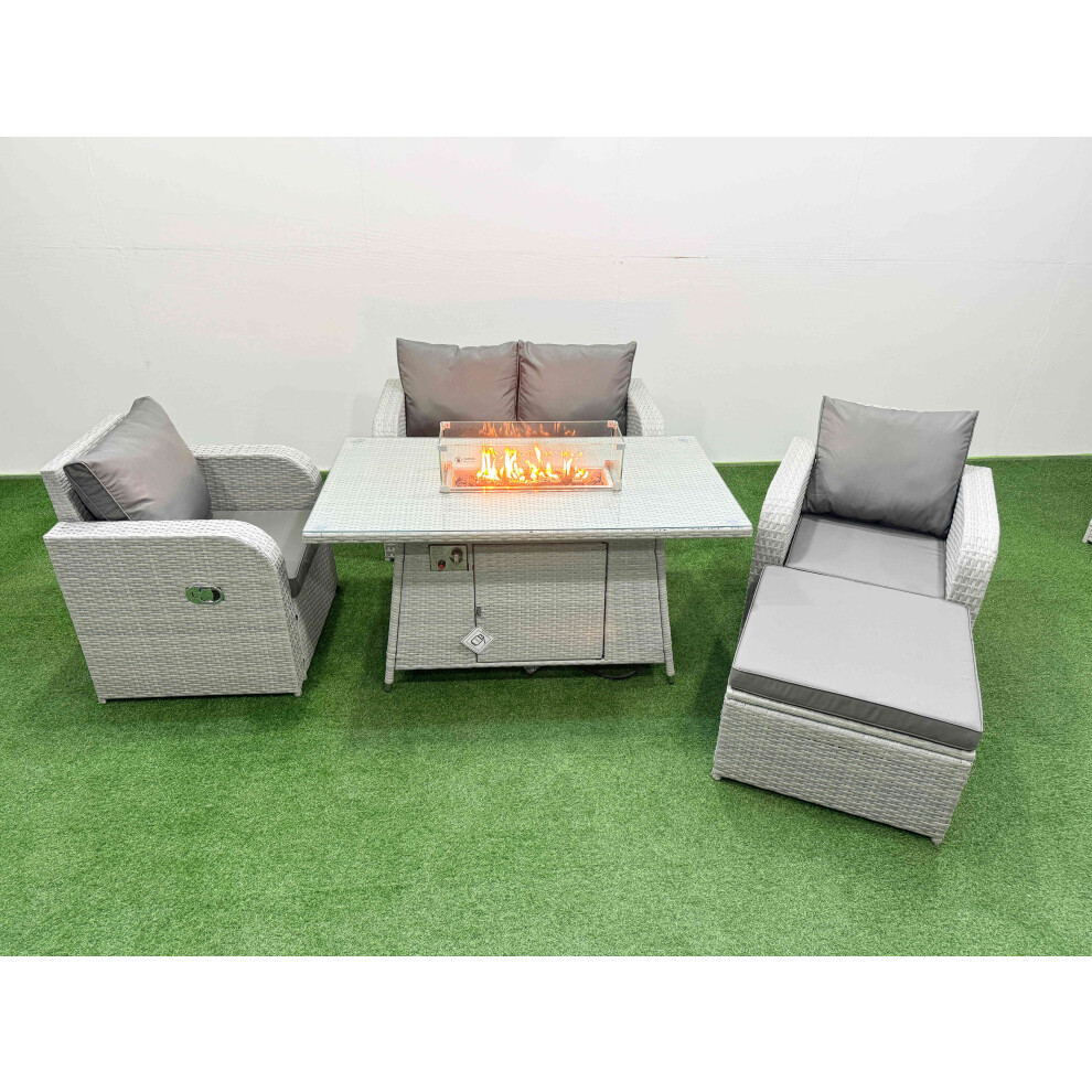 Fimous Light Grey PE Wicker Rattan Garden Furniture Set Sofa Set Reclining Chair Firepit Dining Table 5 Seater With Footstool