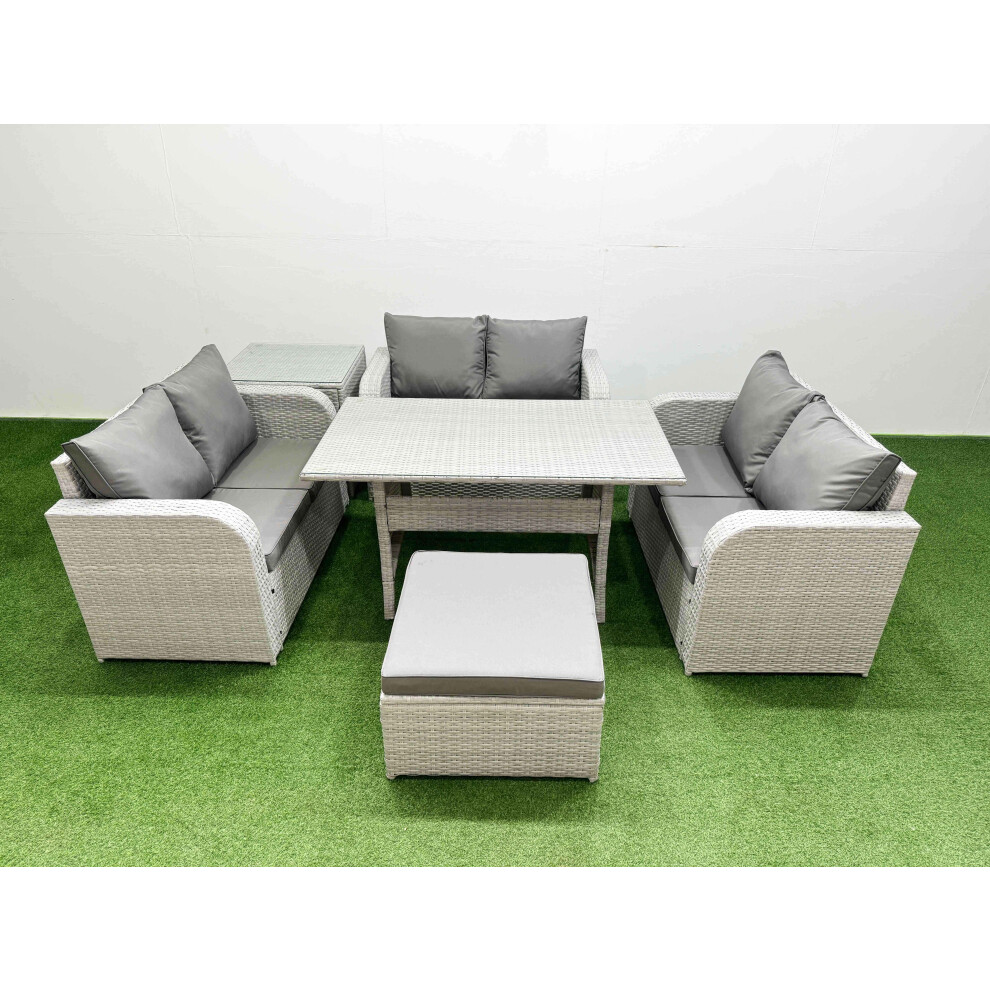 Fimous  7 Seater PE Wicker Rattan Furniture Sofa Sets with Rectangular Dining Table 2 Seater Love Sofa Big Footstool Side Table Light Grey