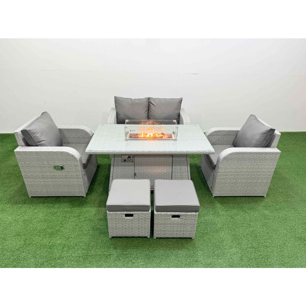 Fimous Light Grey PE Wicker Rattan Garden Furniture Set Sofa Set Reclining Chair Firepit Dining Table 6 Seater 2 Small Stools