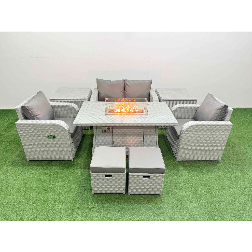 Fimous Light Grey PE Wicker Rattan Garden Furniture Set Sofa Set Reclining Chair Firepit Dining Table 6 Seater 2 Small Stools 2 Side Table