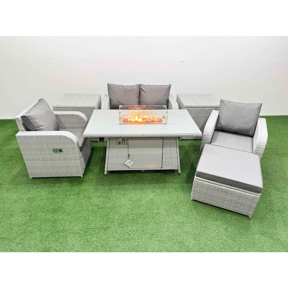 Fimous Light Grey PE Wicker Rattan Garden Furniture Set Sofa Set Reclining Chair Firepit Dining Table 5 Seater With Footstool 2 Side Table