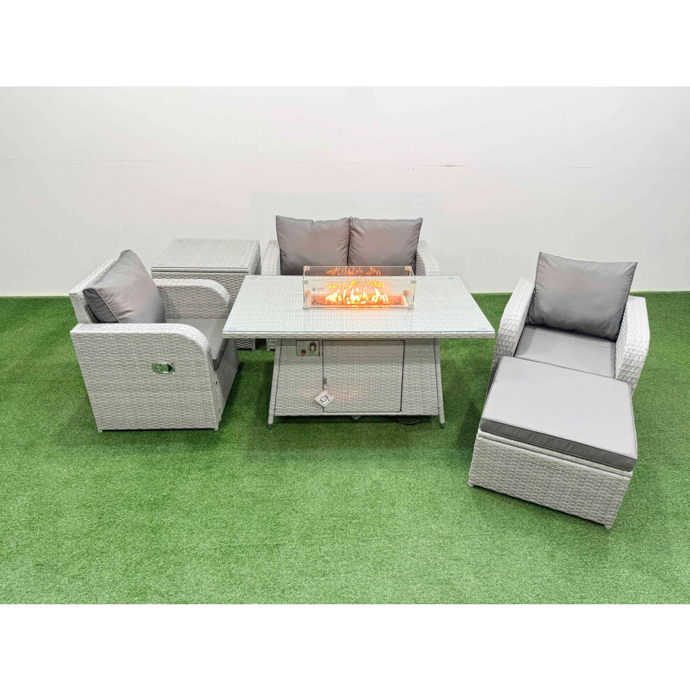 Fimous Light Grey PE Wicker Rattan Garden Furniture Set Sofa Set Reclining Chair Firepit Dining Table 5 Seater With Footstool Side Table