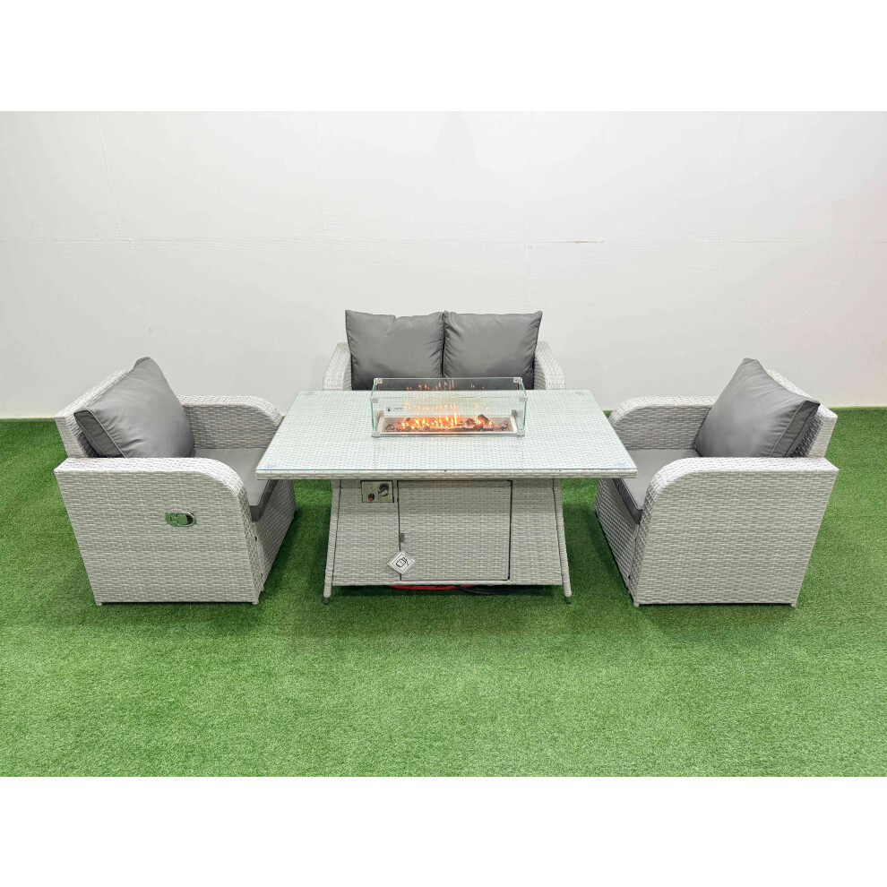 Fimous Light Grey Pe Wicker Rattan Garden Furniture Set Sofa Set Reclining Chair Firepit Dining Table 4 Seater