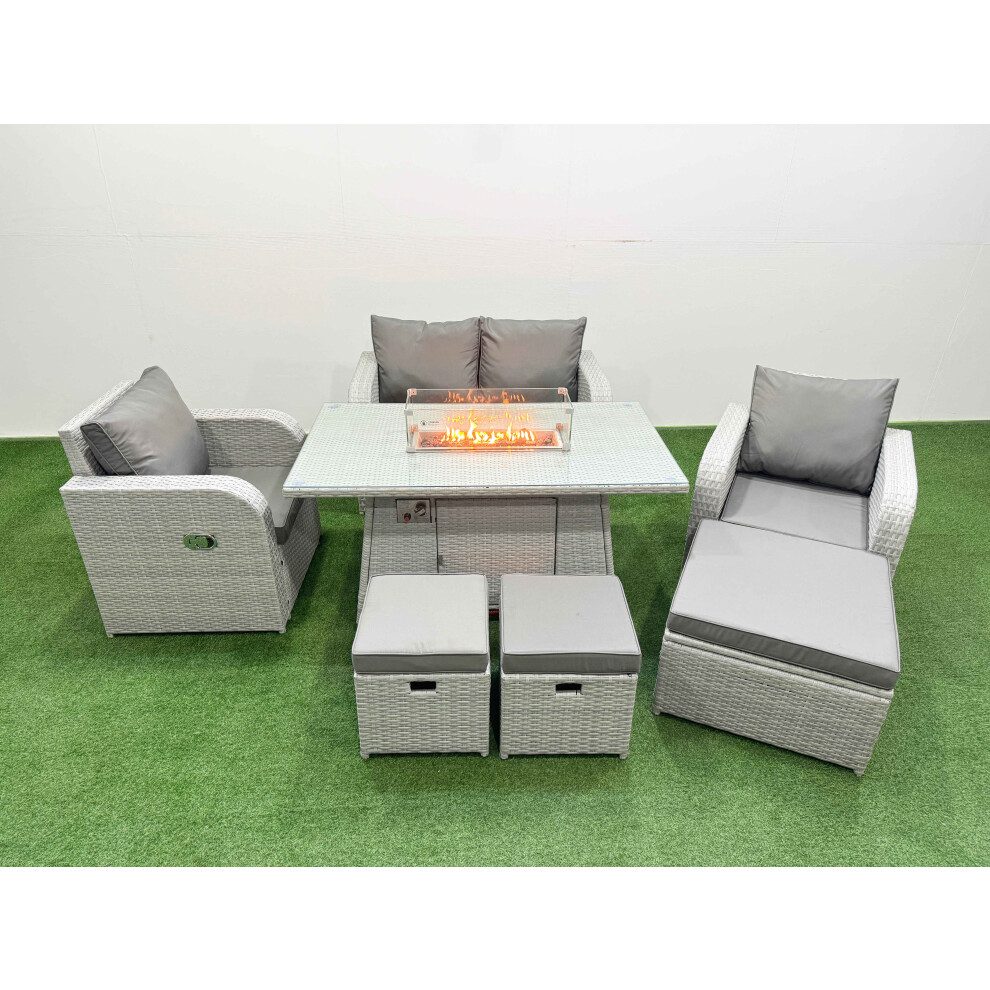 Fimous Light Grey PE Wicker Rattan Garden Furniture Set Sofa Set Reclining Chair Firepit Dining Table 7 Seater 3 Stools