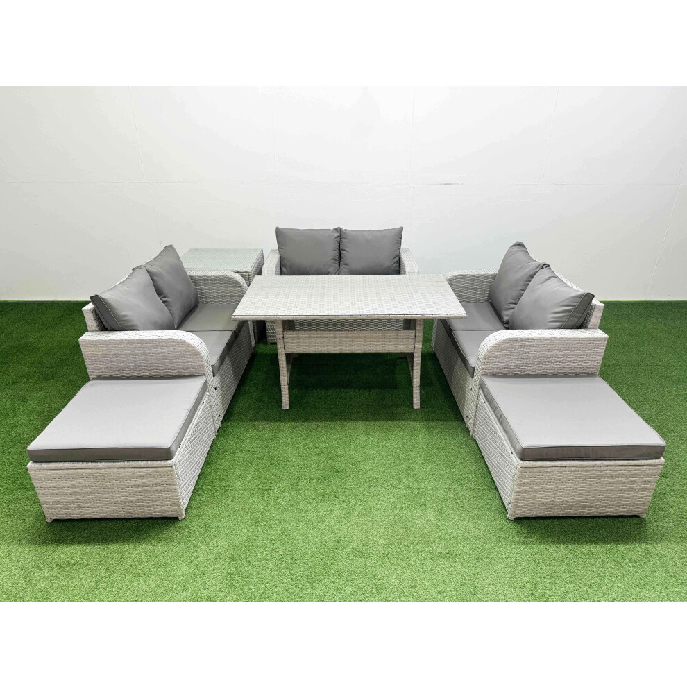 Fimous  8 Seater PE Wicker Rattan Furniture Sofa Sets with Rectangular Dining Table 2 Seater Love Sofa 2 Big Footstool Side Table Light Grey