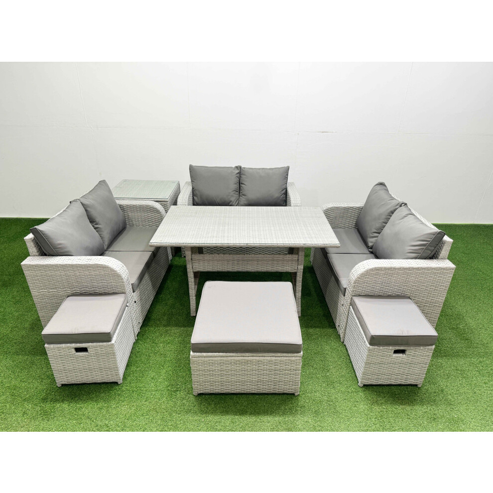 Fimous  9 Seater PE Wicker Rattan Furniture Sofa Sets with Rectangular Dining Table 2 Seater Love Sofa 3 Stool Side Table Light Grey