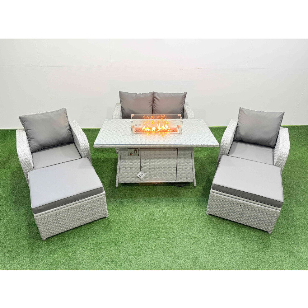 Fimous Light Grey Pe Wicker Rattan Garden Furniture Set Sofa Set Reclining Chair Firepit Dining Table 6 Seater 2 Big Stools