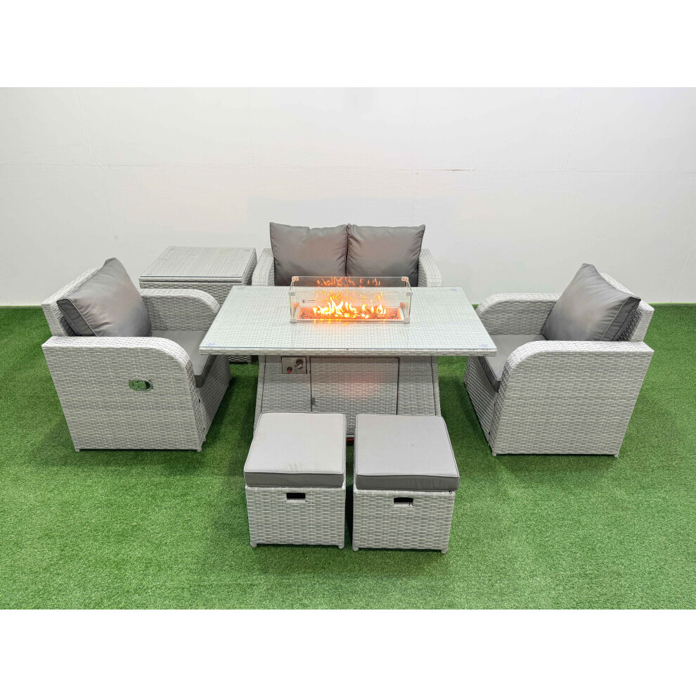 Fimous Light Grey PE Wicker Rattan Garden Furniture Set Sofa Set Reclining Chair Firepit Dining Table 6 Seater 2 Small Stools Side Table