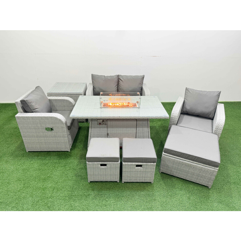 Fimous Light Grey PE Wicker Rattan Garden Furniture Set Sofa Set Reclining Chair Firepit Dining Table 7 Seater 3  Stools Side Table