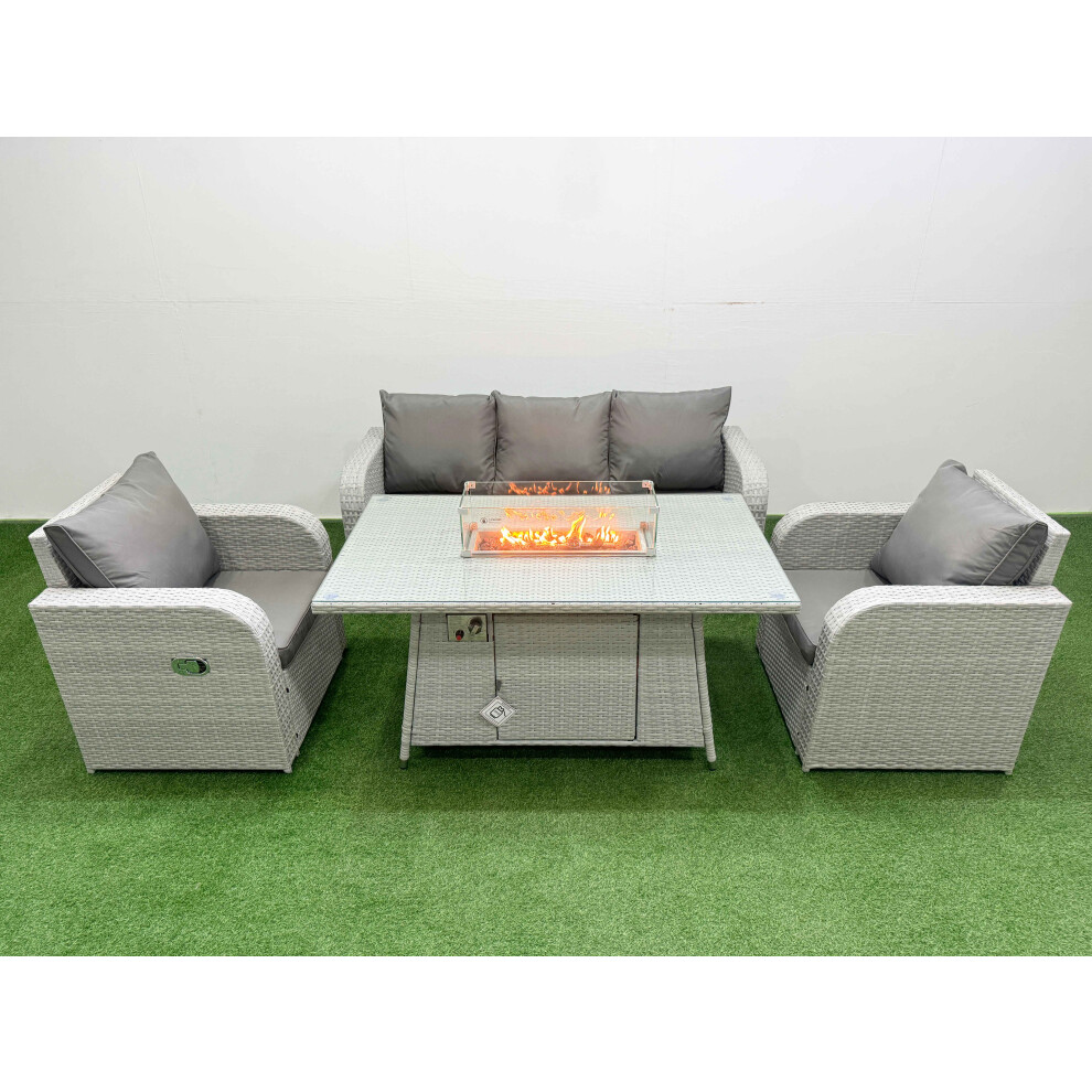 Fimous PE Rattan Garden Furniture Set Reclining Chair Sofa Lounge Sofa Set Firepit Dining Table Light Grey