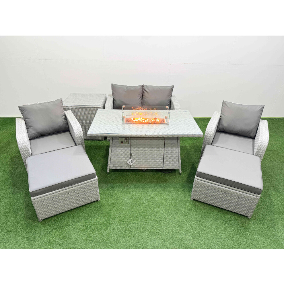 Fimous Light Grey PE Wicker Rattan Garden Furniture Set Sofa Set Reclining Chair Firepit Dining Table 6 Seater 2 Big Stools Side Table