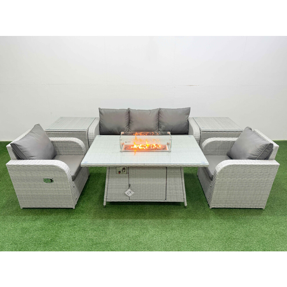 Fimous PE Rattan Garden Furniture Set Reclining Chair Sofa Lounge Sofa Set Firepit Dining Table 2 Side Table Light Grey