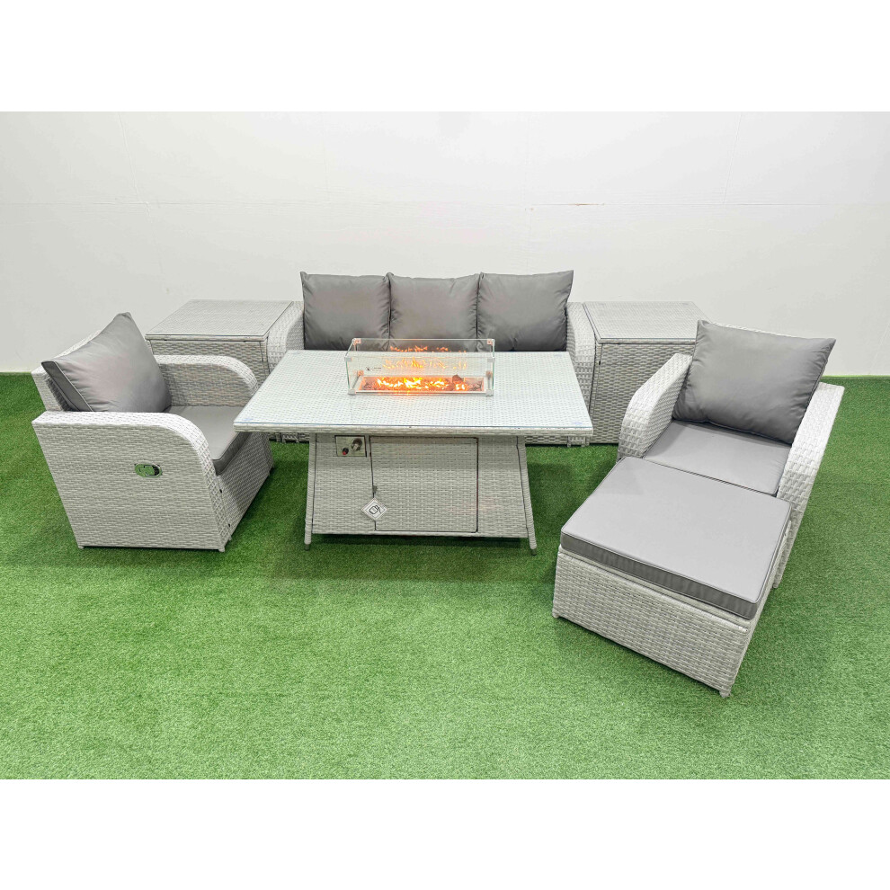 Fimous PE Rattan Garden Furniture Set Reclining Chair Sofa Lounge Sofa Set Firepit Dining Table 2 Side Table Big Footstool Light Grey