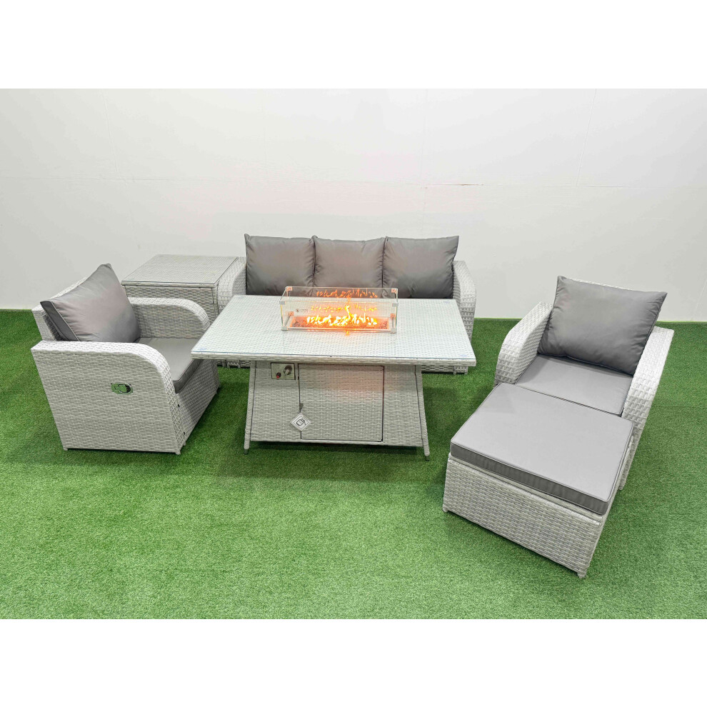 Fimous PE Rattan Garden Furniture Set Reclining Chair Sofa Lounge Sofa Set Firepit Dining Table Side Table Big Footstool Light Grey