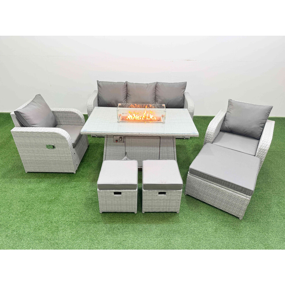 Fimous PE Rattan Garden Furniture Set Reclining Chair Sofa Lounge Sofa Set Firepit Dining Table 3 Stools Light Grey