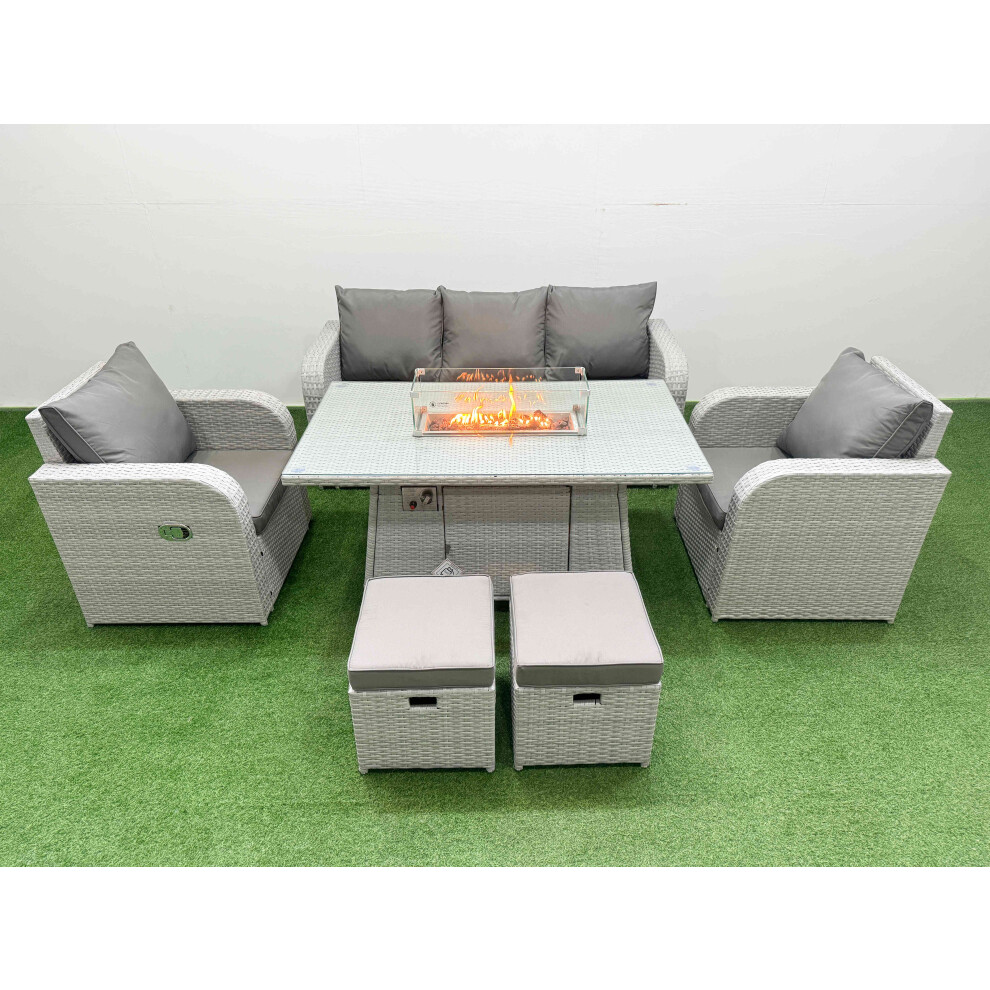 Fimous PE Rattan Garden Furniture Set Reclining Chair Sofa Lounge Sofa Set Firepit Dining Table 2 Small Stools Light Grey