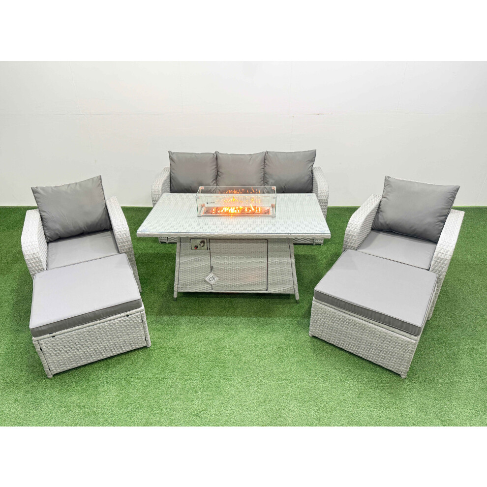 Fimous PE Rattan Garden Furniture Set Reclining Chair Sofa Lounge Sofa Set Firepit Dining Table 2 Big Footstool Light Grey