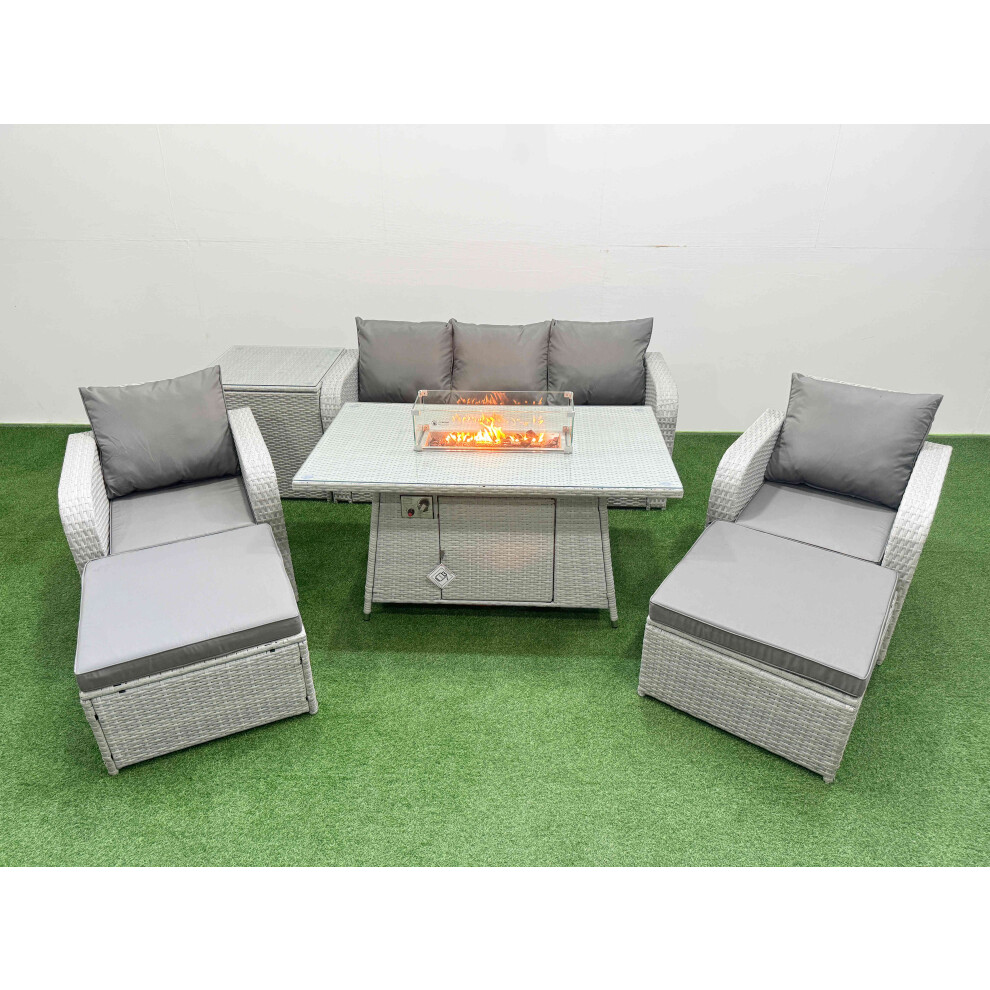 Fimous PE Rattan Garden Furniture Set Reclining Chair Sofa Lounge Sofa Set Firepit Dining Table Side Table 2 Big Footstool Light Grey