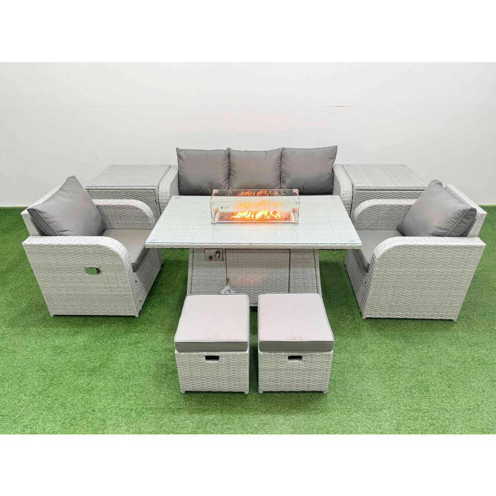 Fimous PE Rattan Garden Furniture Set Reclining Chair Sofa Lounge Sofa Set Firepit Dining Table 2 Side Table 2 Small Stools Light Grey