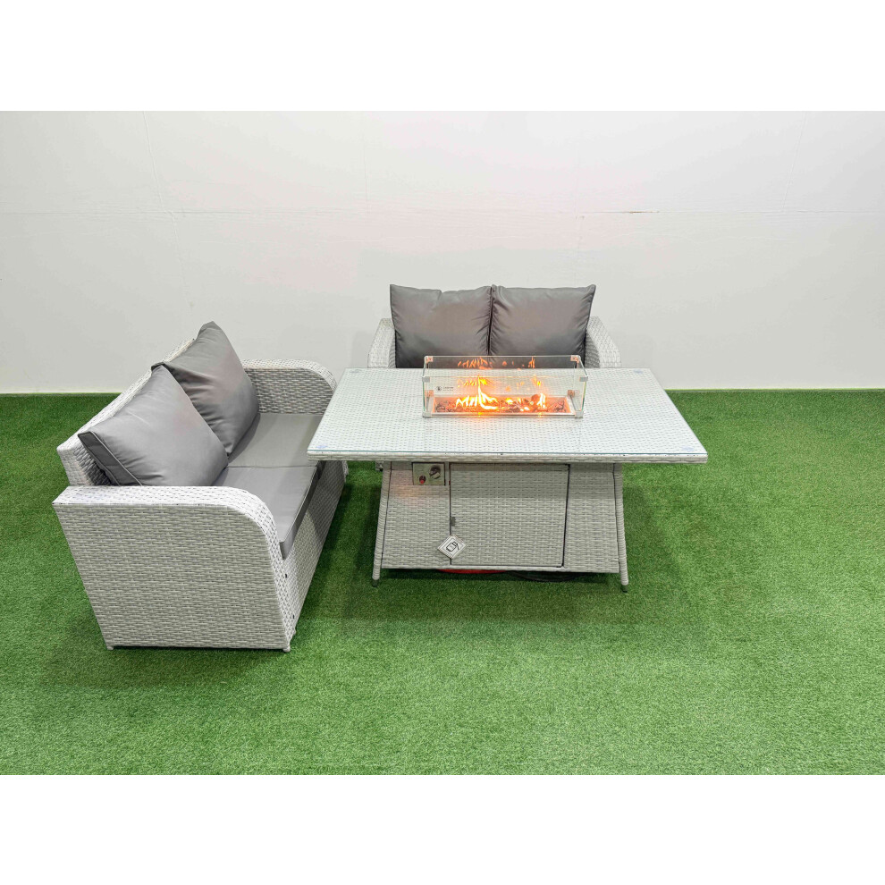 Fimous 4 Seater Outdoor Love Sofa Set Rattan Garden Furniture Set with Firepit Dining Table Light Grey