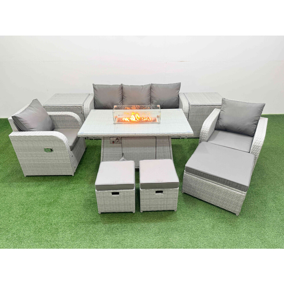 Fimous PE Rattan Garden Furniture Set Reclining Chair Sofa Lounge Sofa Set Firepit Dining Table 2 Side Table 3 Stools Light Grey