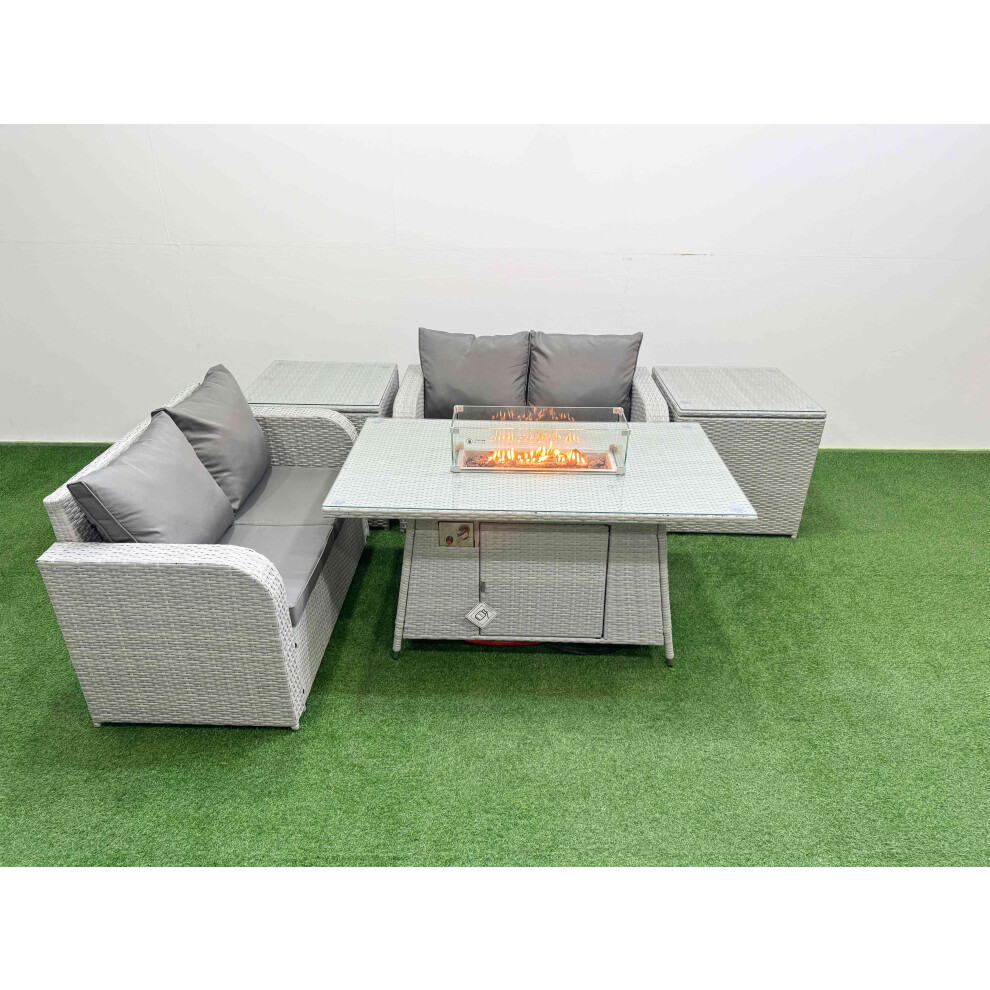 Fimous 4 Seater Outdoor Love Sofa Set Rattan Garden Furniture Set with Firepit Dining Table 2 Side Tables Light Grey