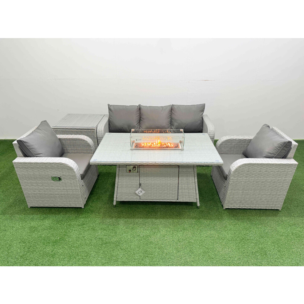 Fimous PE Rattan Garden Furniture Set Reclining Chair Sofa Lounge Sofa Set Firepit Dining Table Side Table Light Grey