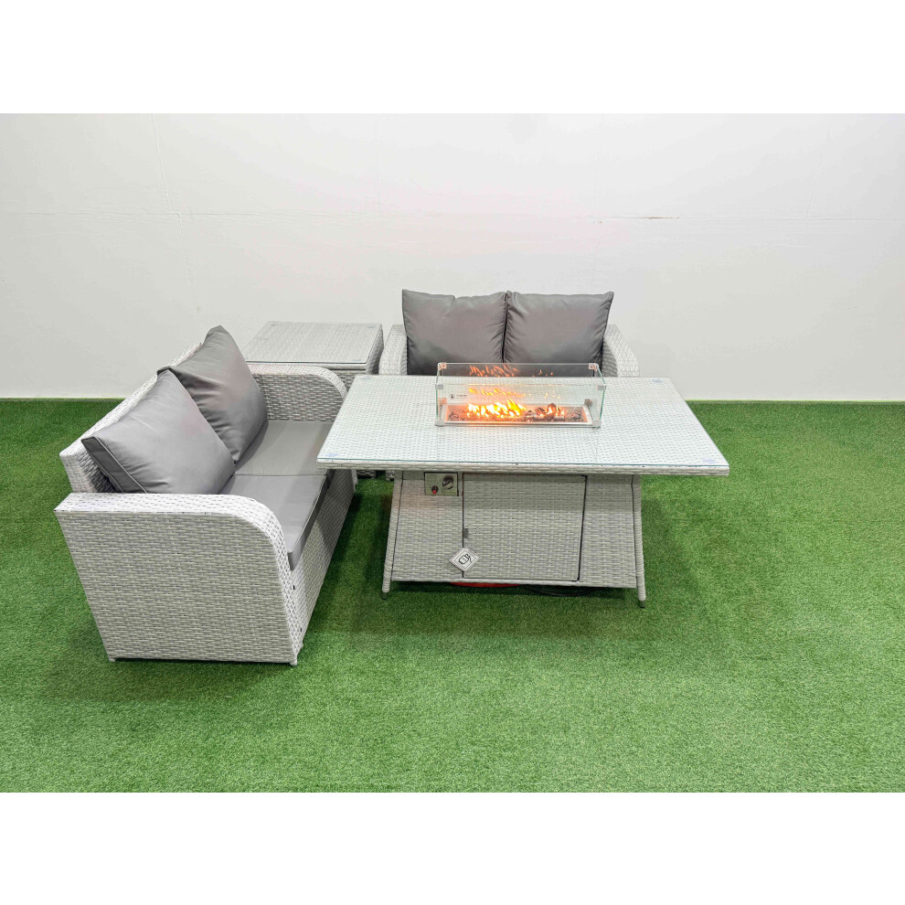 Fimous 4 Seater Outdoor Love Sofa Set Rattan Garden Furniture Set with Firepit Dining Table Side Table Light Grey