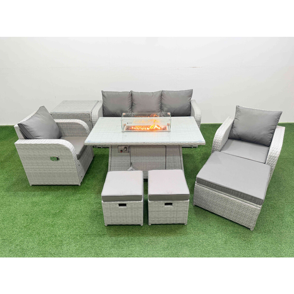 Fimous PE Rattan Garden Furniture Set Reclining Chair Sofa Lounge Sofa Set Firepit Dining Table Side Table 3 Stools Light Grey