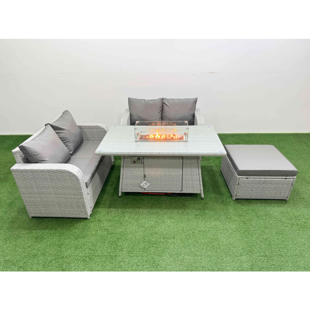 Fimous 5 Seater Outdoor Love Sofa Set Rattan Garden Furniture Set with Firepit Dining Table Big Footstool Light Grey