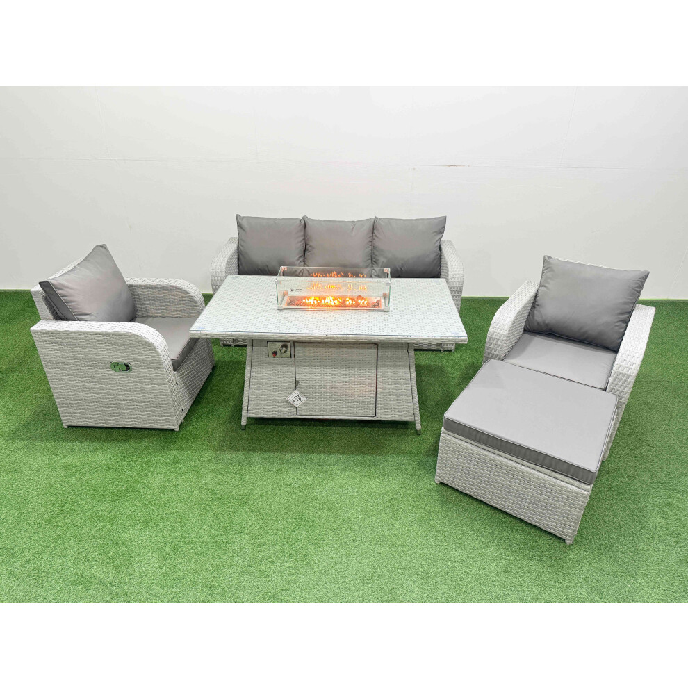 Fimous PE Rattan Garden Furniture Set Reclining Chair Sofa Lounge Sofa Set Firepit Dining Table Big Footstool Light Grey