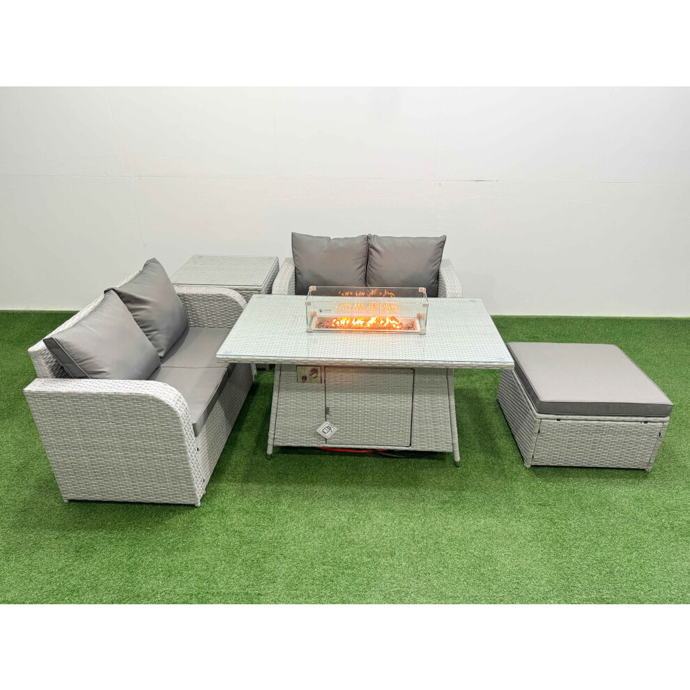 Fimous 5 Seater Outdoor Love Sofa Set Rattan Garden Furniture Set with Firepit Dining Table Big Footstool Side Table Light Grey