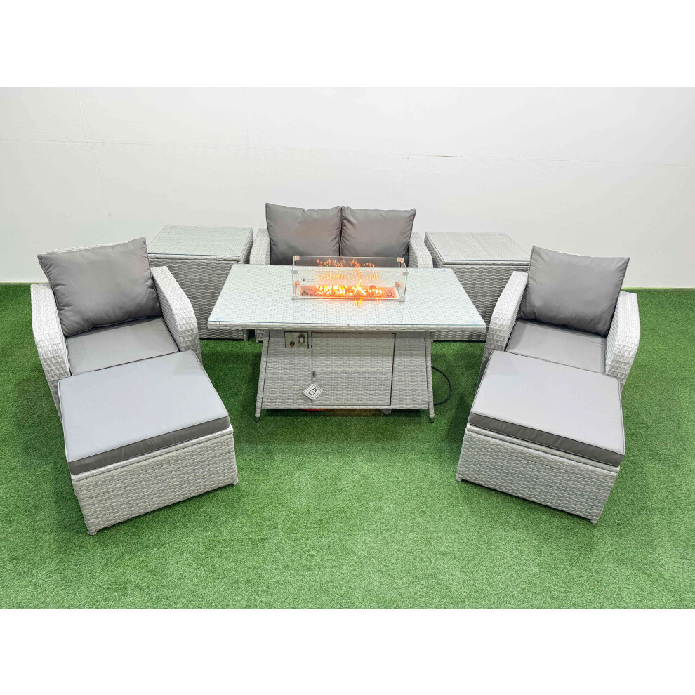 Fimous Light Grey PE Wicker Rattan Garden Furniture Set Sofa Set Reclining Chair Firepit Dining Table 6 Seater 2 Big Stools 2 Side Table