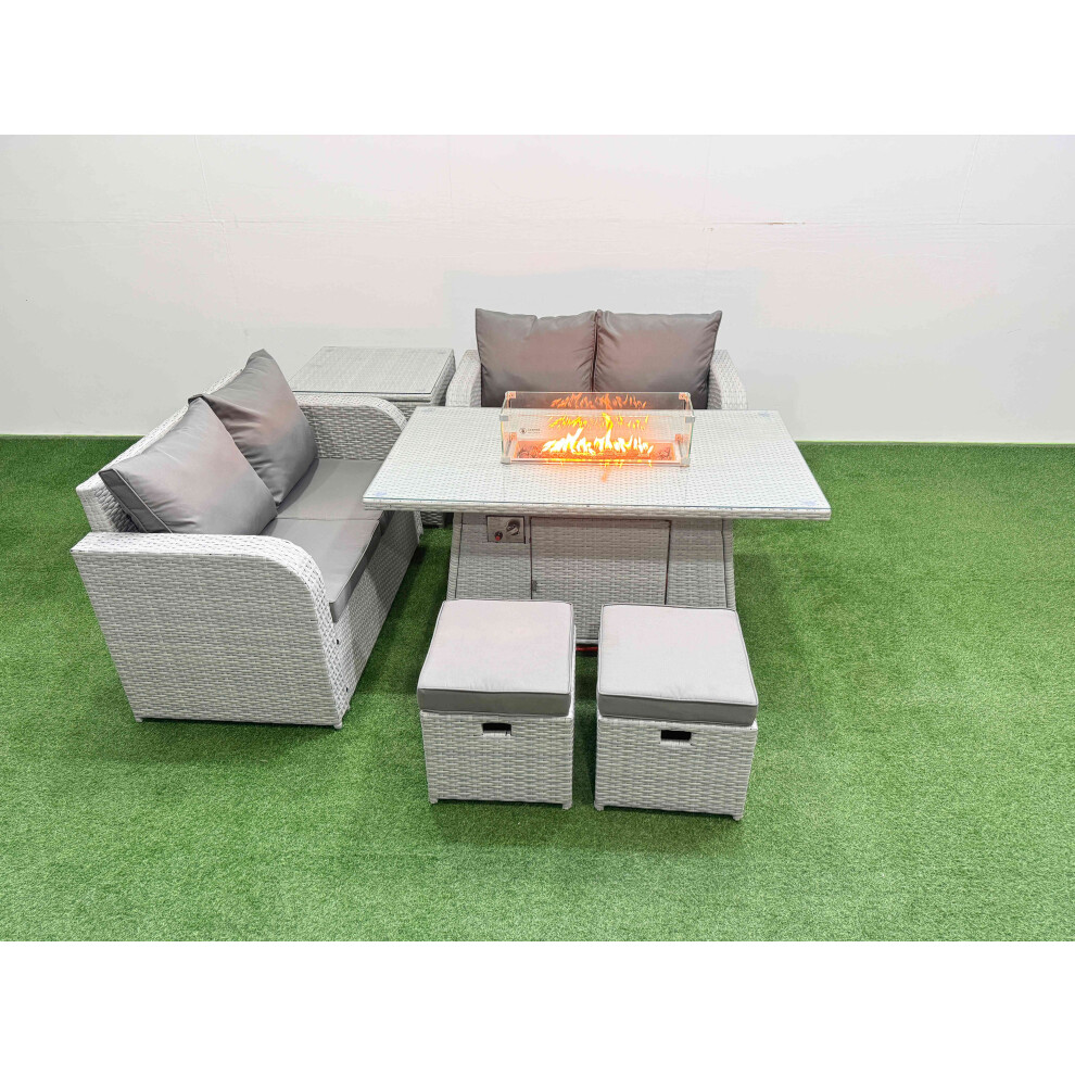 Fimous Unisex Light Grey 6 Seater Outdoor Love Sofa Set Rattan Garden Furniture Set With Firepit Dining Table 2 Stools Side Table Small - Image 2