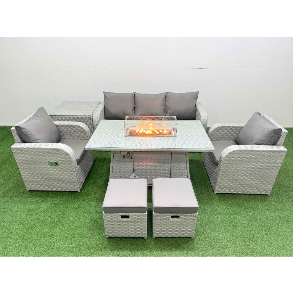 Fimous PE Rattan Garden Furniture Set Reclining Chair Sofa Lounge Sofa Set Firepit Dining Table Side Table 2 Small Stools Light Grey