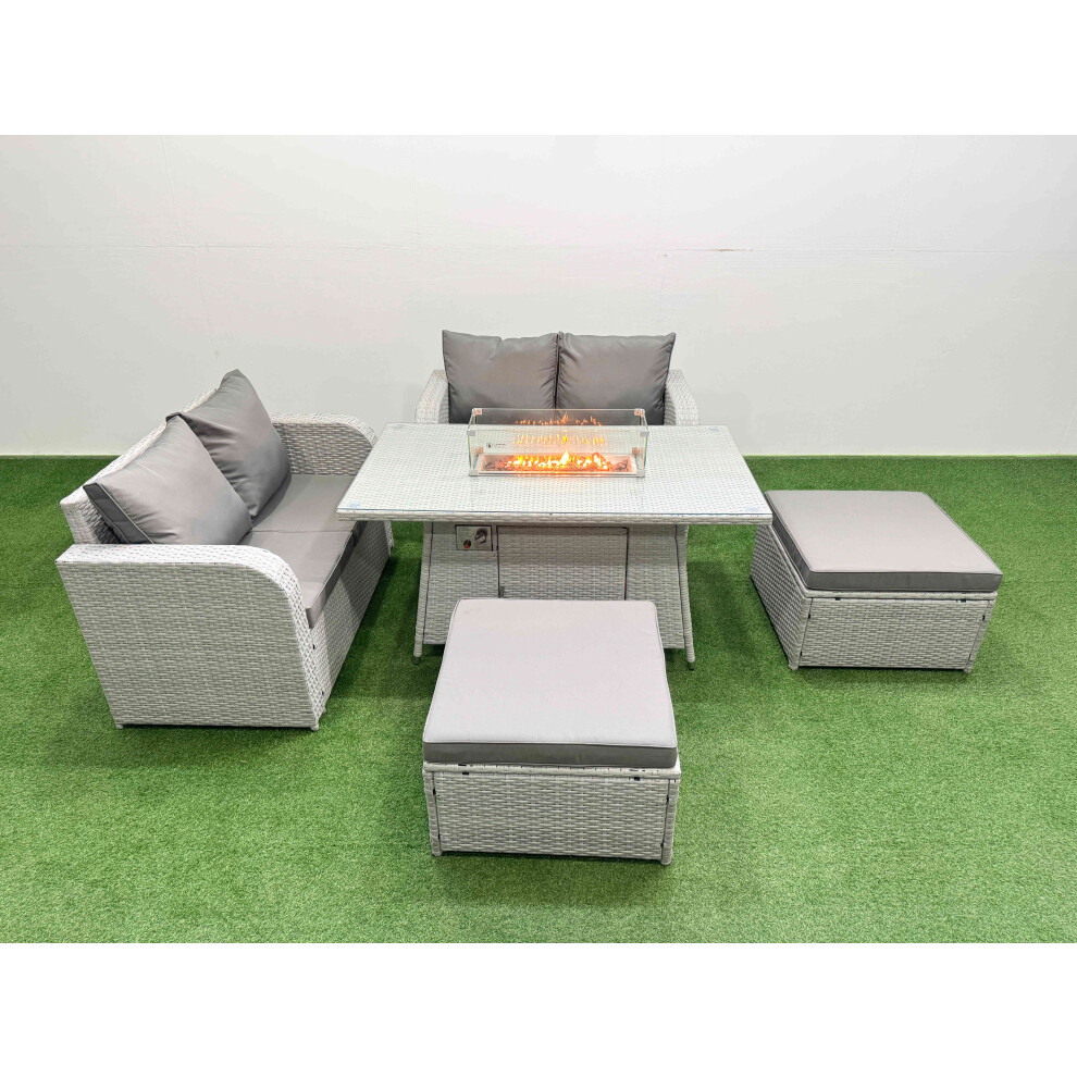 Fimous 6 Seater Outdoor Love Sofa Set Rattan Garden Furniture Set with Firepit Dining Table 2 Footstool Light Grey