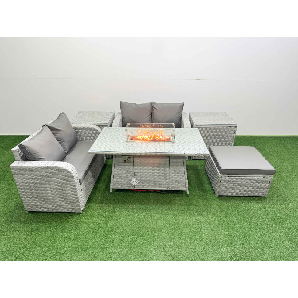 Fimous 5 Seater Outdoor Love Sofa Set Rattan Garden Furniture Set with Firepit Dining Table Big Footstool 2 Side Tables Light Grey