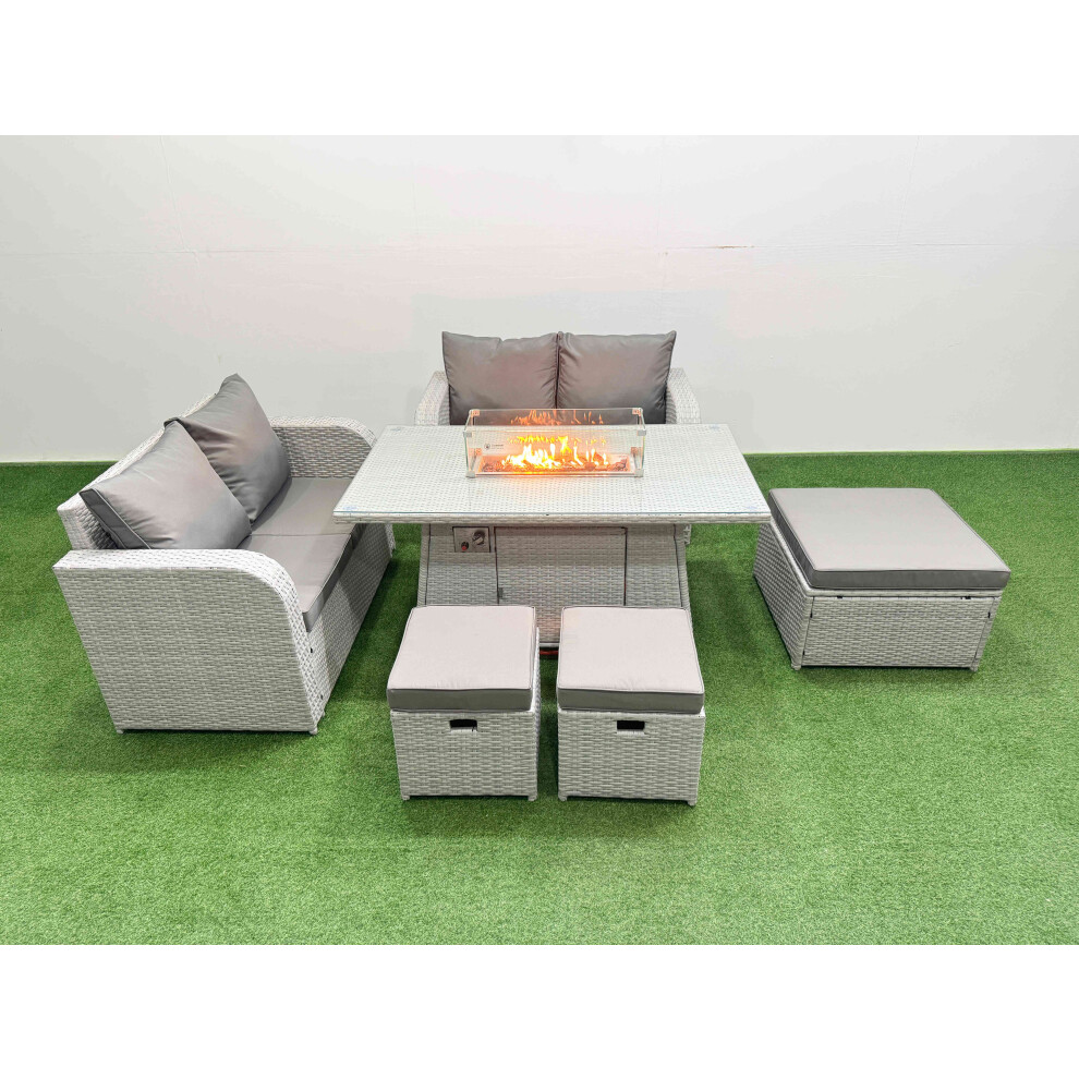 Fimous 7 Seater Outdoor Love Sofa Set Rattan Garden Furniture Set with Firepit Dining Table 3 Footstool Light Grey