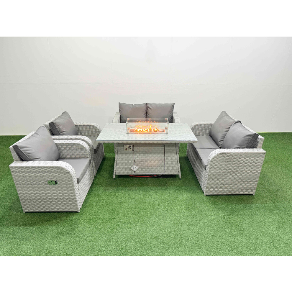 Fimous 6 Seater Outdoor Reclining Chair Love Sofa Set Rattan Garden Furniture Set with Firepit Dining Table Light Grey