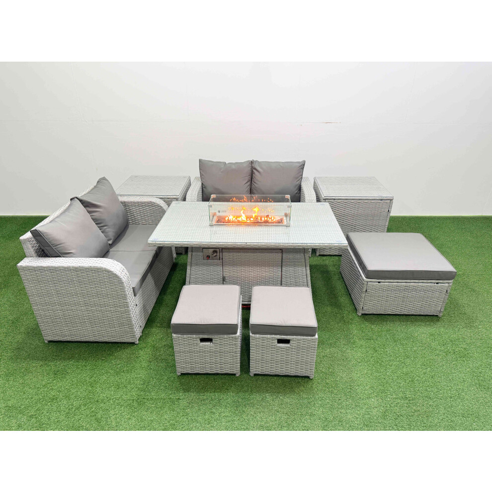 Fimous 7 Seater Outdoor Love Sofa Set Rattan Garden Furniture Set with Firepit Dining Table 3 Footstool 2 Side Tables Light Grey